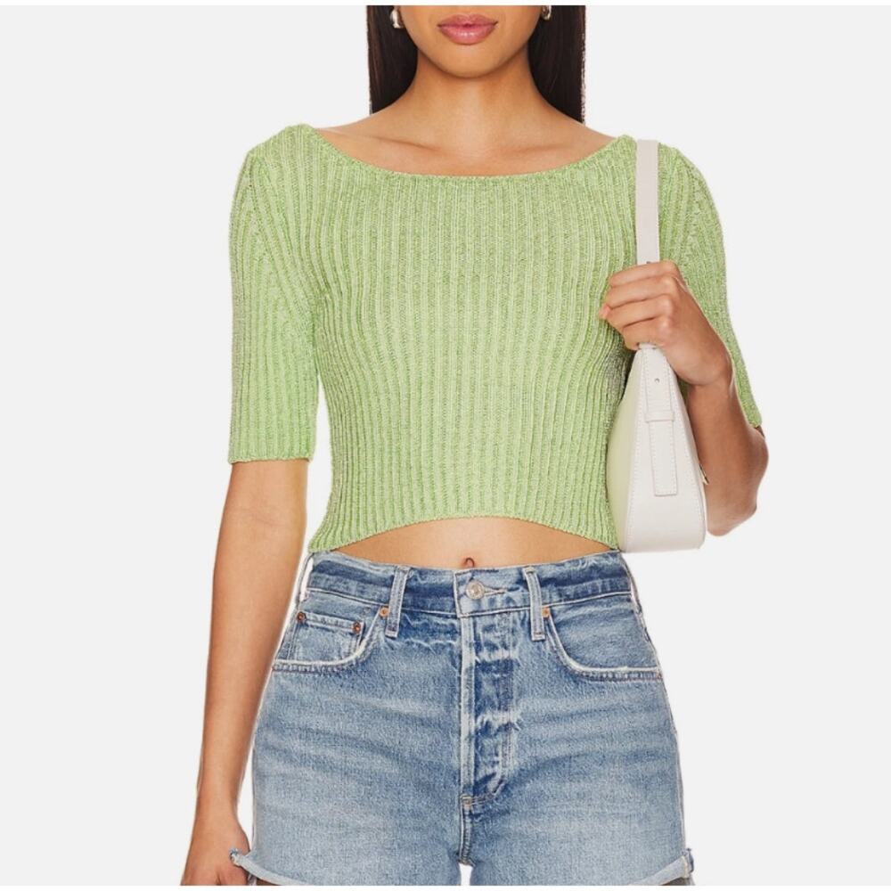 FREE PEOPLE TOP WOMENS MEDIUM SAN LUCAS STRETCH KNIT CROP PULLOVER SWEATER GREEN
